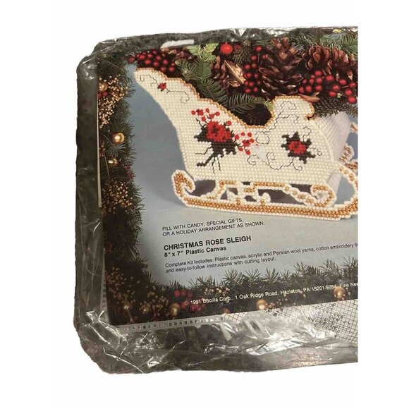 Bucilla-Christmas Rose Sleigh 8" x 7" Needlepoint Plastic Canvas Kit #61141 Read - Picture 2 of 4